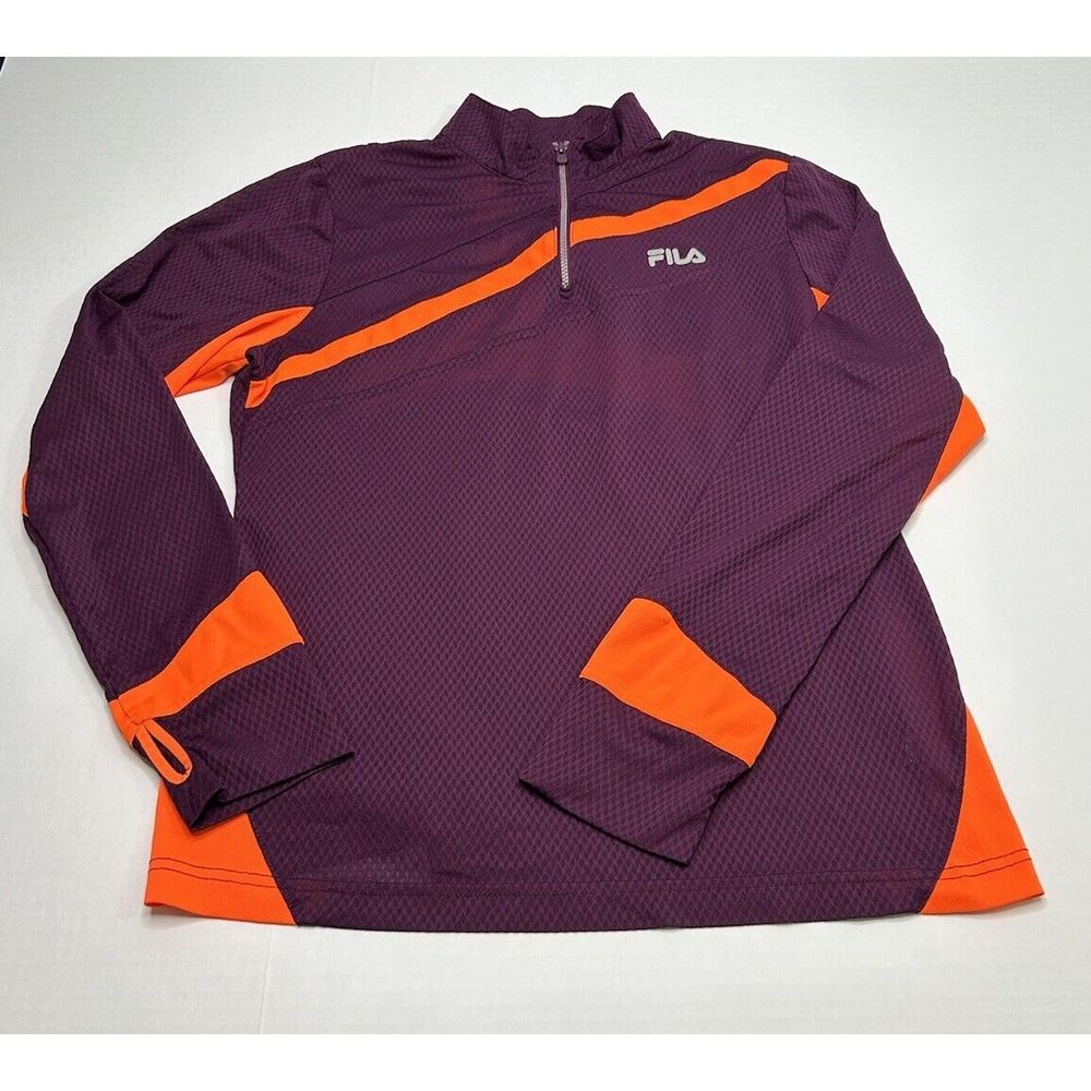 FILA SPORT Running Shirt Women's Large Long Sleeve Q-Zip Purple Orange WORKOUT